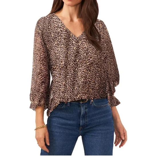 Vince Camuto Top Womens M Brown Ruffle Leopard Print Smock Sleeve Maximalist - Picture 1 of 8